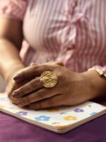 Gold Colored Carved Metal Statement Ring – Intricate Round Design, Anti-Tarnish Stainless Steel