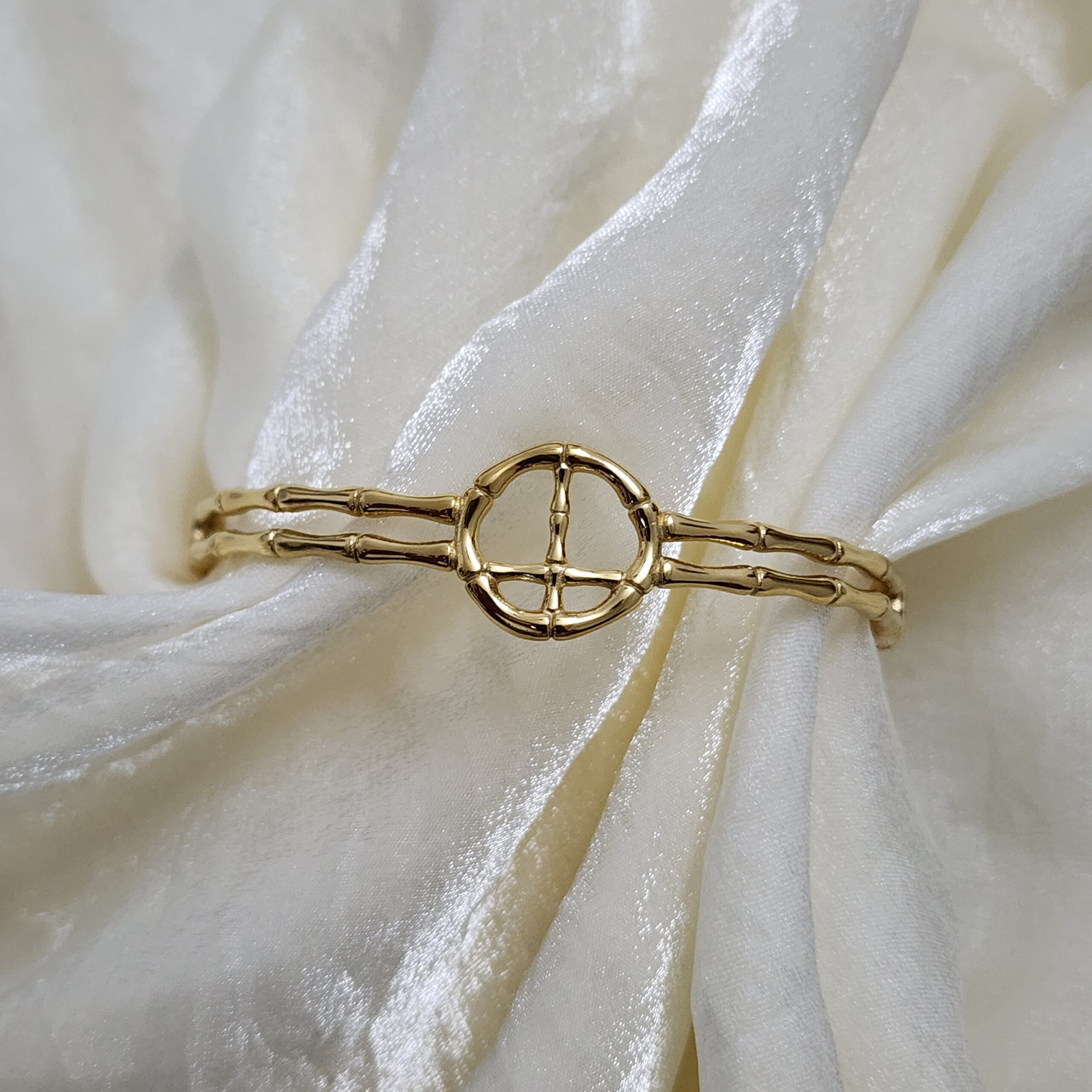 20250807_164205 Gold Bamboo Peace Sign Bangle - Image 1