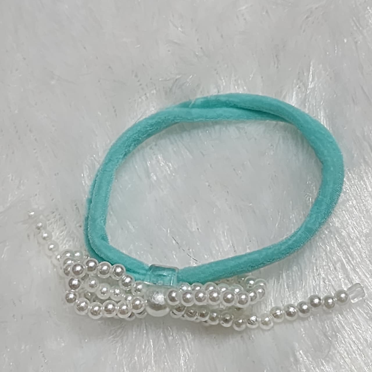 d09ff9db-7be4-44c1-b842-e298353bffa6 Blue And Pearl Bow Scrunchie - Image 1